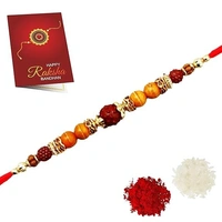 MQS - Rudraksha Rakhi with Elegant Traditional Handmade Dori Beads/Gold Plated Multicolor Thread Rakhi with Different Pattern Pearls Rudhraksh,gift Bro/Brother/Bhaiya/Bhai/Bhabhi - Pack Off 5