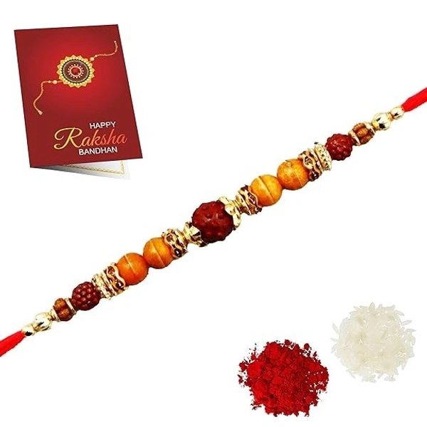 MQS - Rudraksha Rakhi with Elegant Traditional Handmade Dori Beads/Gold Plated Multicolor Thread Rakhi with Different Pattern Pearls Rudhraksh,gift Bro/Brother/Bhaiya/Bhai/Bhabhi - Pack Off 5
