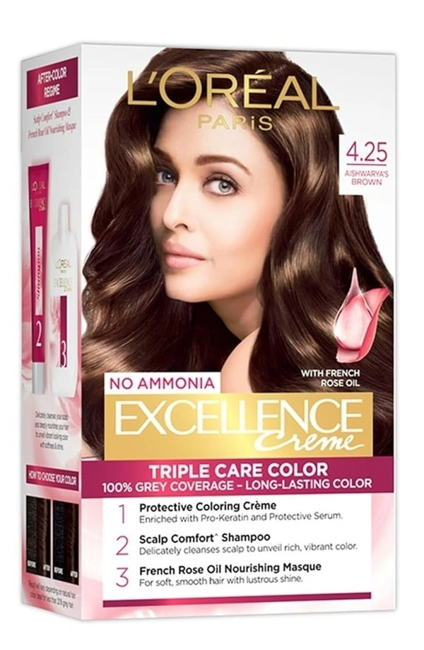 L'Oreal Paris Permanent Hair Colour, Radiant At-Home Hair Colour with up to 100% Grey Coverage, Pro-Keratin, Up to 8 Weeks of Colour, Excellence Crème, 4.25 Aishwarya'S Brown, 72ml+100g