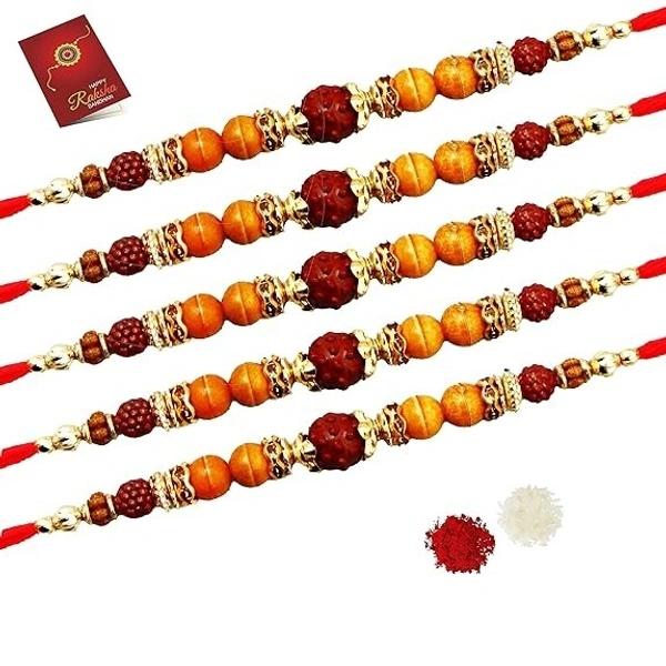 MQS - Rudraksha Rakhi with Elegant Traditional Handmade Dori Beads/Gold Plated Multicolor Thread Rakhi with Different Pattern Pearls Rudhraksh,gift Bro/Brother/Bhaiya/Bhai/Bhabhi - Pack Off 5