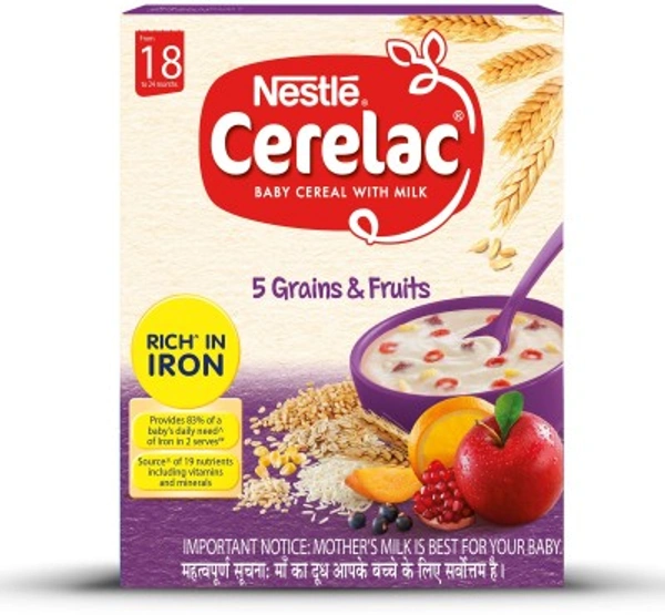Nestle Cerelac Baby Cereal with Milk , 5 Grains & Fruits ,Stage 5, From 18 to 24 Months , Source of Iron & Protein , 300g - 300g