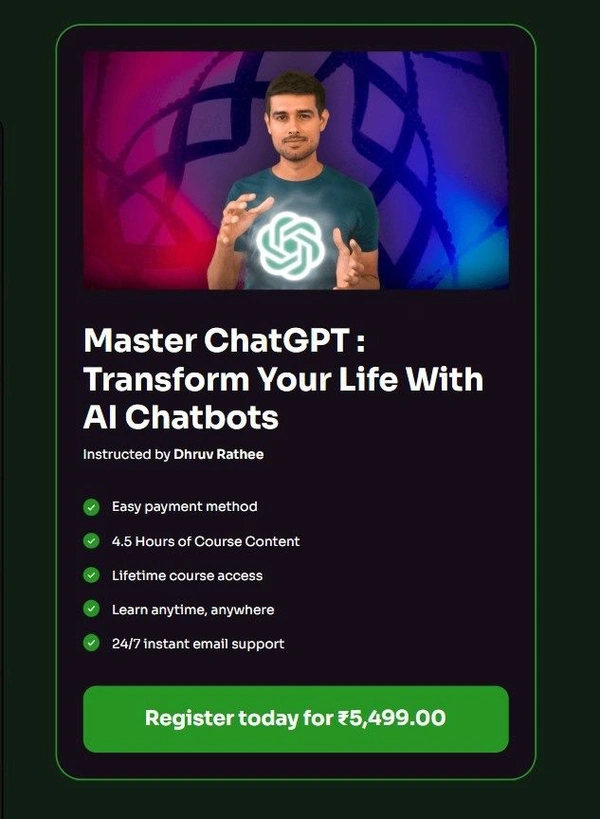 Master ChatGPT by Dhruv Rathee*🔥 *MRP - ₹5,499* 🔥✅ *99% Discounted Price**Get It only - ₹99 Rs*