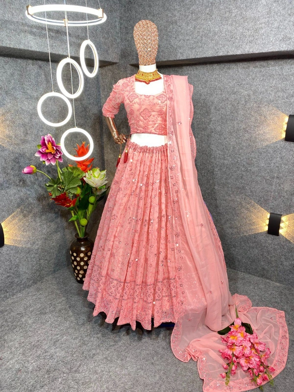 Gajri Pink Colour Embroidered Attractive Party Wear Georgette Lehenga choli has a Regular-fit and is Made From High-Grade Fabrics And Yarn. - PINK, FREE