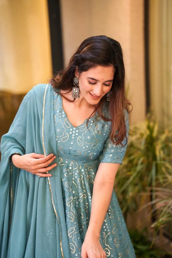 GEORGETTE SKY colour Gown With Duppata  - FREE