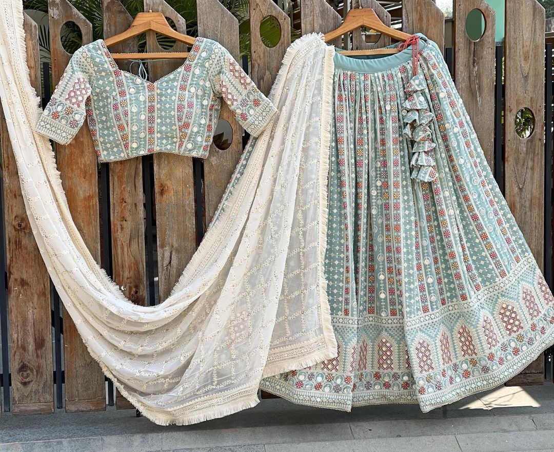 TIFFANY BLUE DESIGNER PASTEL NET LEHENGA CHOLI WITH DUPPATTA –  www.soosi.co.in