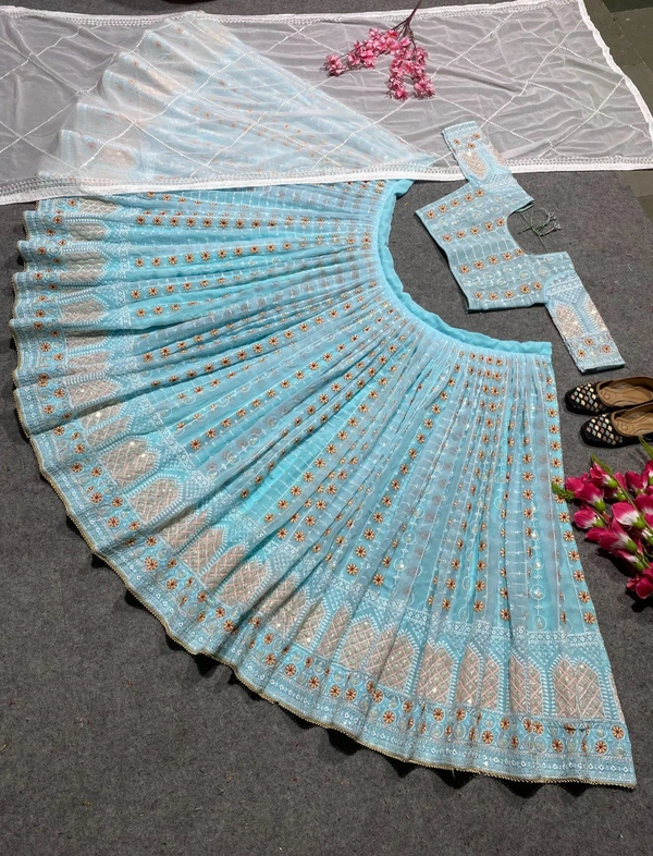 Embroidered Attractive Party Wear Silk Lehenga choli has a Regular-fit and is Made From High-Grade Fabrics And Yarn - Mint Green, FREE