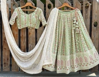 Embroidered Attractive Party Wear Silk Lehenga choli has a Regular-fit and is Made From High-Grade Fabrics And Yarn - Mint Green, FREE