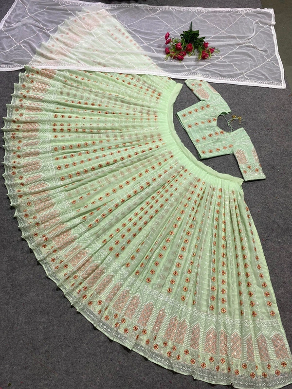 Embroidered Attractive Party Wear Silk Lehenga choli has a Regular-fit and is Made From High-Grade Fabrics And Yarn - Mint Green, FREE