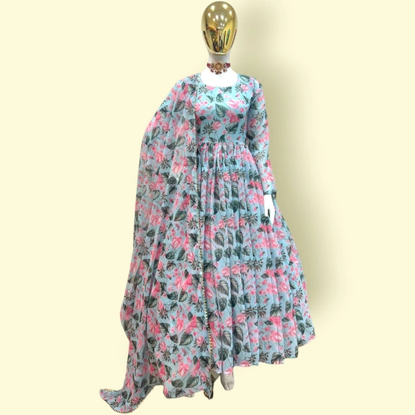 ZD-10028 SKY BLUE GOWN WITH DUPATTA PANT SET  - L