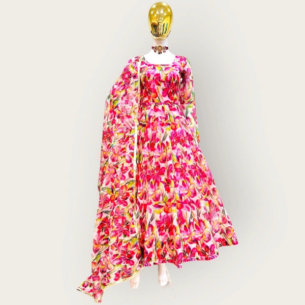 ZC-8959 Pink Colour Digital Print Gown With Dupatta Pant Set - PINK, M