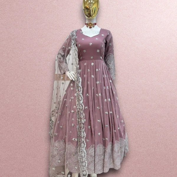 ZC-8962 FOX GEORGETTE ONION COLOR SIQUNCE EMBROIDERY GOWN WITH DUPPATA  - L