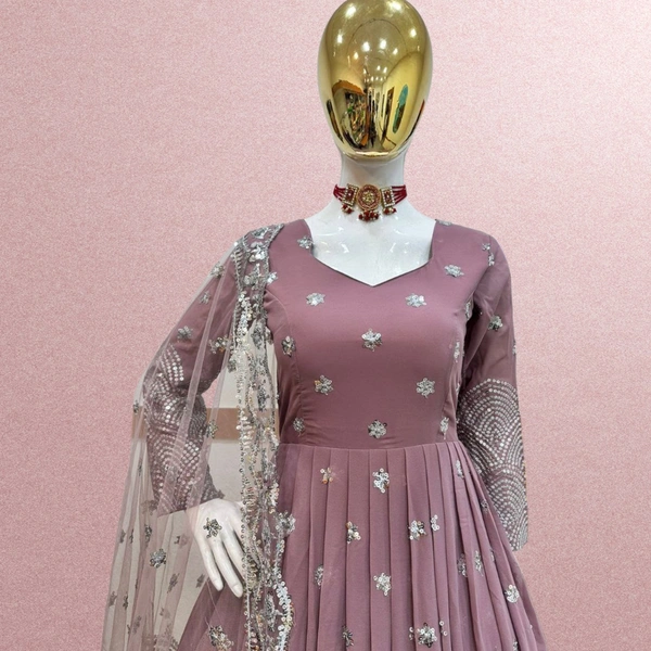 ZC-8962 FOX GEORGETTE ONION COLOR SIQUNCE EMBROIDERY GOWN WITH DUPPATA  - L