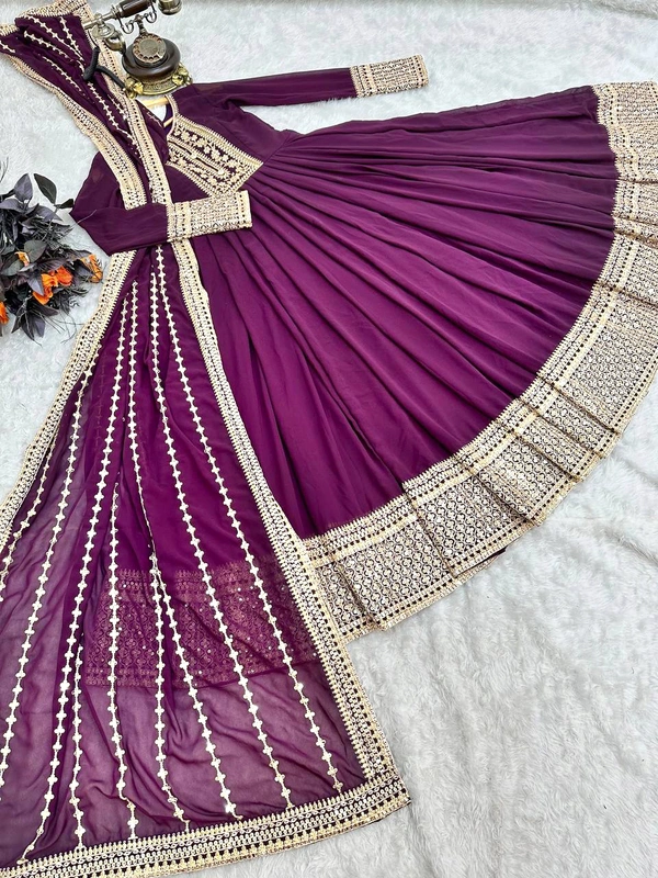 ZC-8957 PURPLE COLOUR SIQUNCE CODING EMBROIDERY GOWN WITH DUPATTA  - PURPLE, L