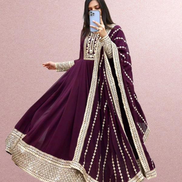 ZC-8957 PURPLE COLOUR SIQUNCE CODING EMBROIDERY GOWN WITH DUPATTA  - PURPLE, XXL
