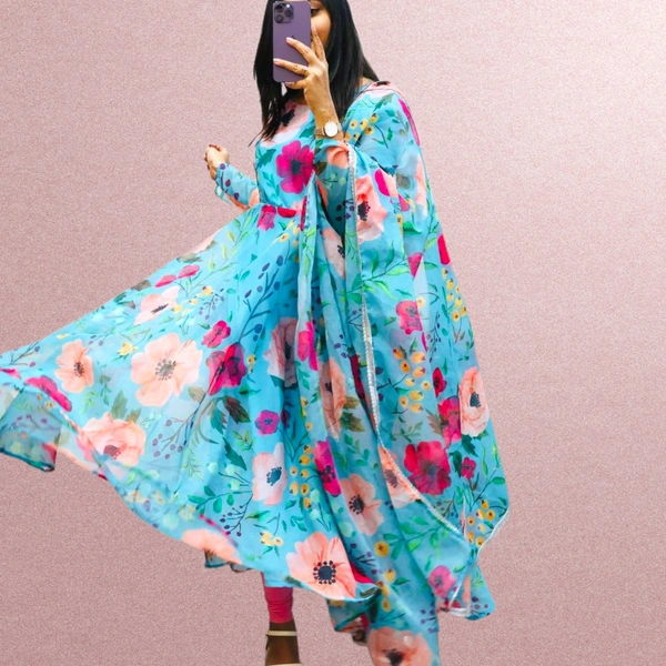 ZC-8970 DIGITAL PRINT FLOWER GOWN WITH DUPPATA AND PANT - L