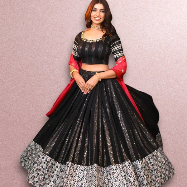 DC-2042 Black Colour  Embroidered Attractive Party Wear Georgette Lehenga choli has a Regular-fit and is Made From High-Grade Fabrics And Yarn. - Black, FREE