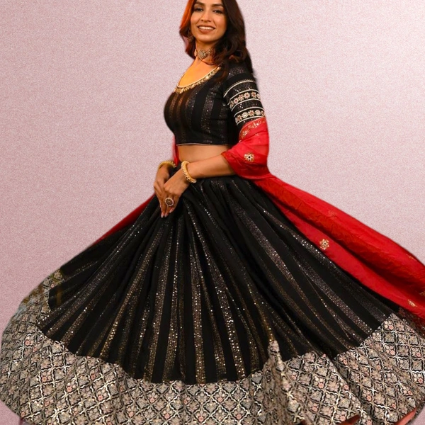 DC-2042 Black Colour  Embroidered Attractive Party Wear Georgette Lehenga choli has a Regular-fit and is Made From High-Grade Fabrics And Yarn. - Black, FREE