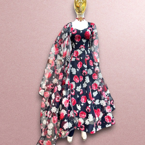 Z-9240 Navy Blue Colour Georgette Digital Print GOWN WITH DUPPATA  - S