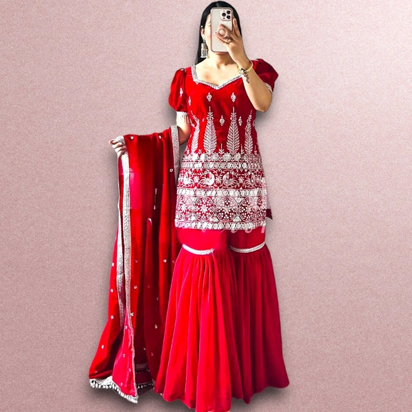 NF-1140 Embroidery Top Palazzo Set Red Colour  - Red, FREE