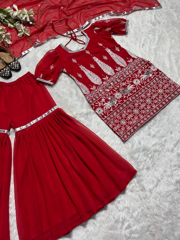 NF-1140 Embroidery Top Palazzo Set Red Colour  - Red, FREE