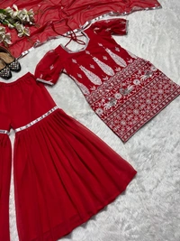 NF-1140 Embroidery Top Palazzo Set Red Colour  - Red, XXL