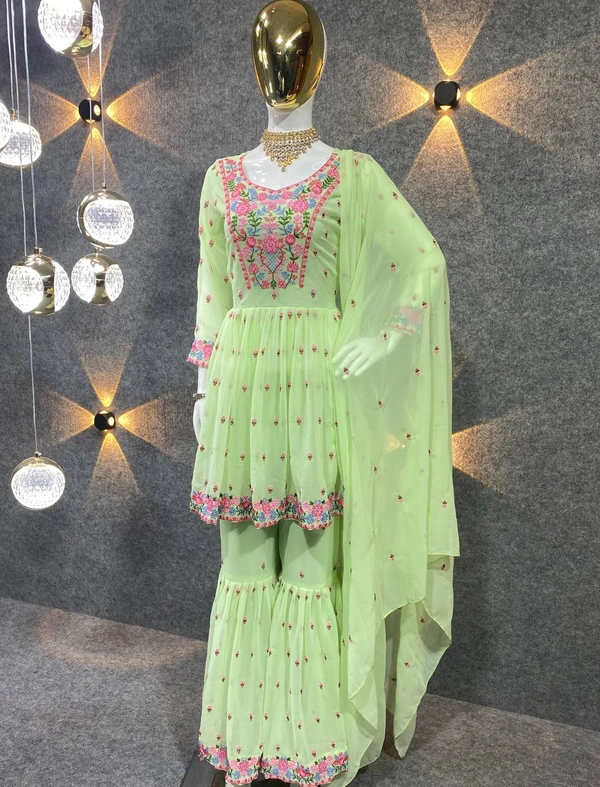 NF-1128 Olive Green Colour Embroidered Attractive Party Wear Georgette Top Plazzo has a Regular-fit and is Made From High-Grade Fabrics And Yarn. - OLIVE GREEN, XXL