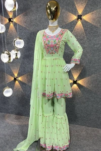 NF-1128 Olive Green Colour Embroidered Attractive Party Wear Georgette Top Plazzo has a Regular-fit and is Made From High-Grade Fabrics And Yarn. - OLIVE GREEN, XXL