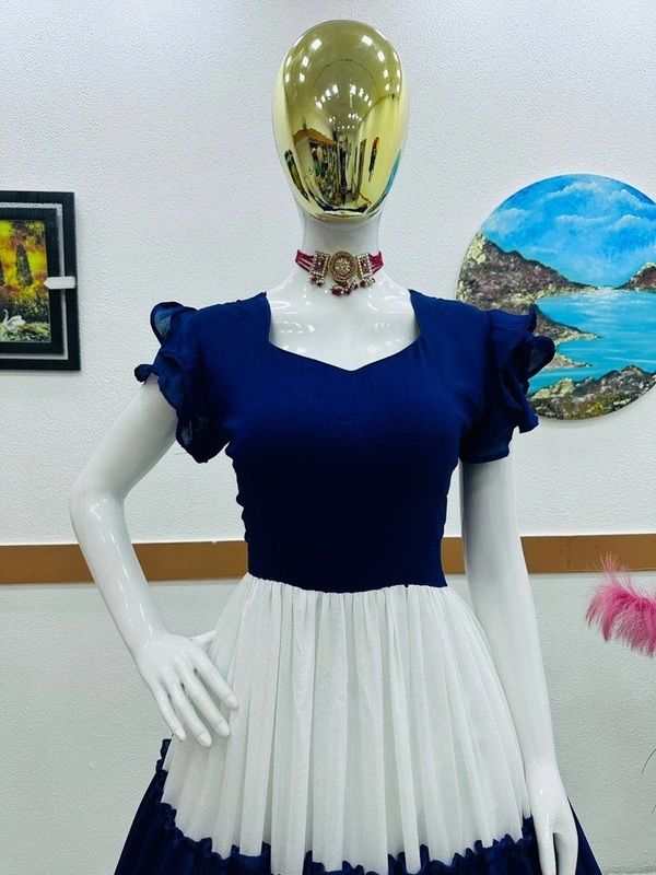 ZD-10046 Blue And White Ruffle Gown - M