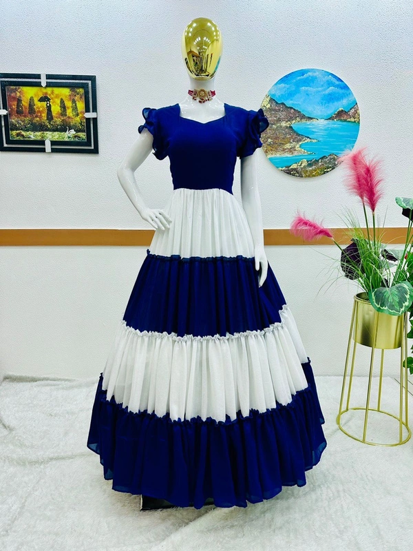 ZD-10046 Blue And White Ruffle Gown - XXL