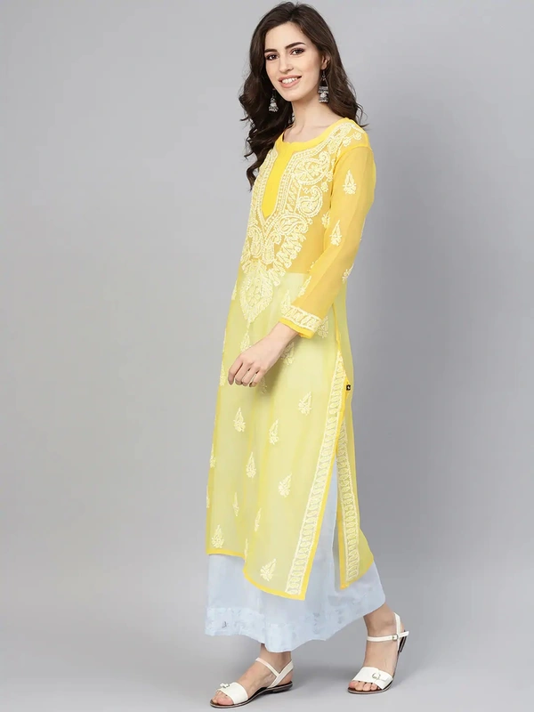 Bushra Lucknowi Chikankari Kurti (Yellow) - Yellow, L