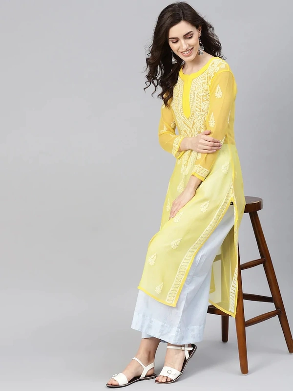 Bushra Lucknowi Chikankari Kurti (Yellow) - Yellow, XXL