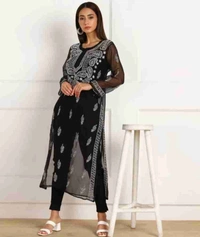Bushra  Lucknowi Chikankari Kurti Georgette (Black) - Black, M-38