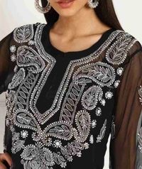 Bushra  Lucknowi Chikankari Kurti Georgette (Black) - Black, M-38