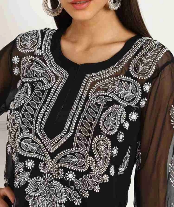 Bushra  Lucknowi Chikankari Kurti Georgette (Black) - Black, M-38