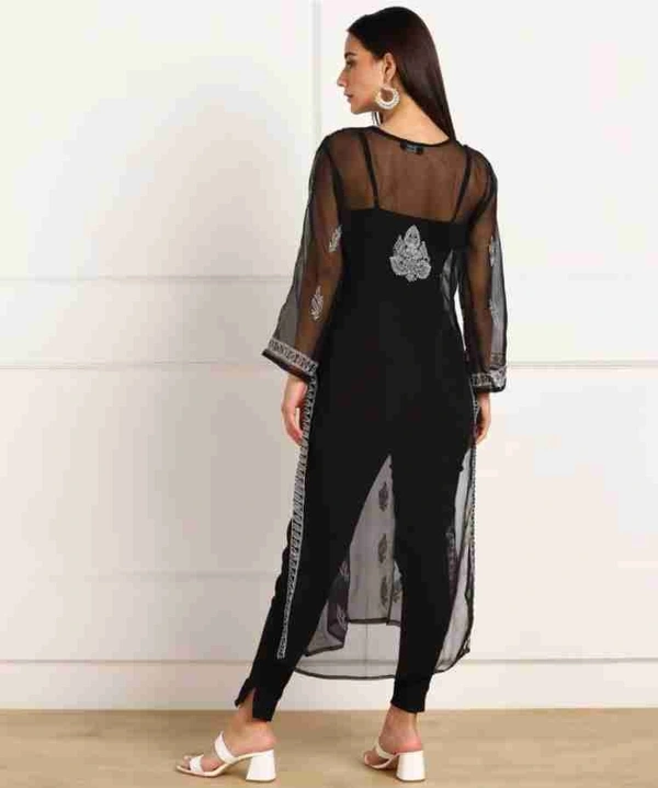 Bushra  Lucknowi Chikankari Kurti Georgette (Black) - Black, M-38