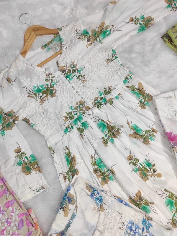 Bushra  Printed Mul Mul Chikan Handwork Cotton long gown✨ - Green, M-38