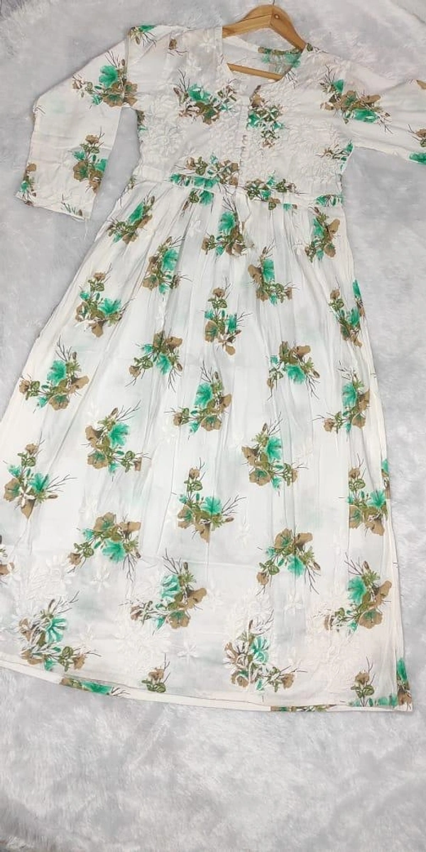 Bushra  Printed Mul Mul Chikan Handwork Cotton long gown✨ - Green, XL-42
