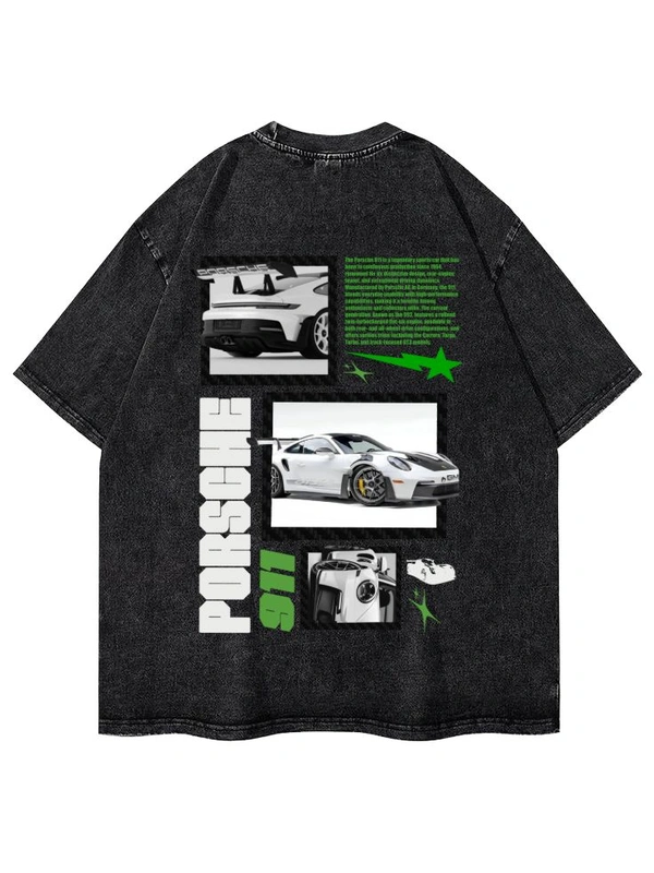 "Porsche" Oversize Acid Wash Tshirt  - Gray, S