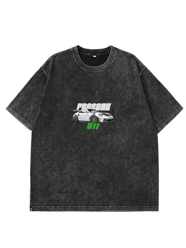 "Porsche" Oversize Acid Wash Tshirt  - Gray, S