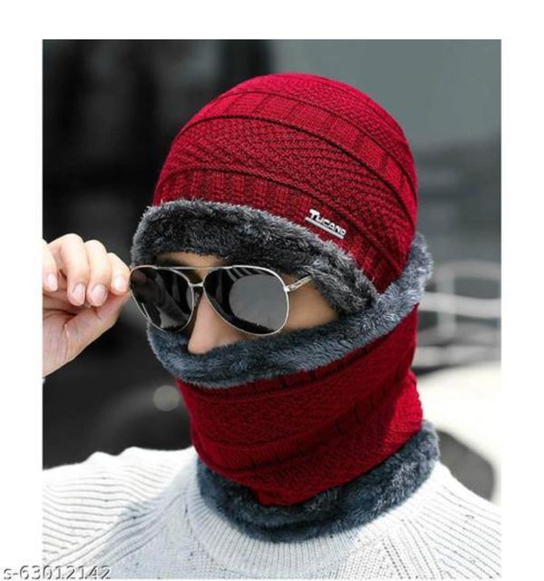 PinKit Unisex Winter Knit Beanie Cap Hat Neck Warmer Scarf aB - Black, Free Size