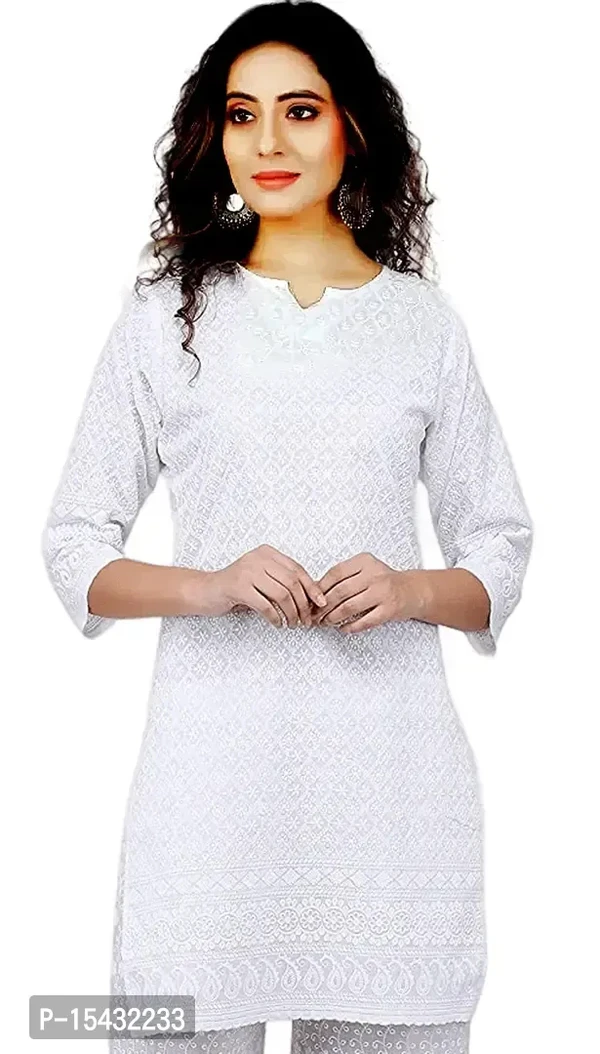 Chicken Work Kurti White For Girls  - White, S