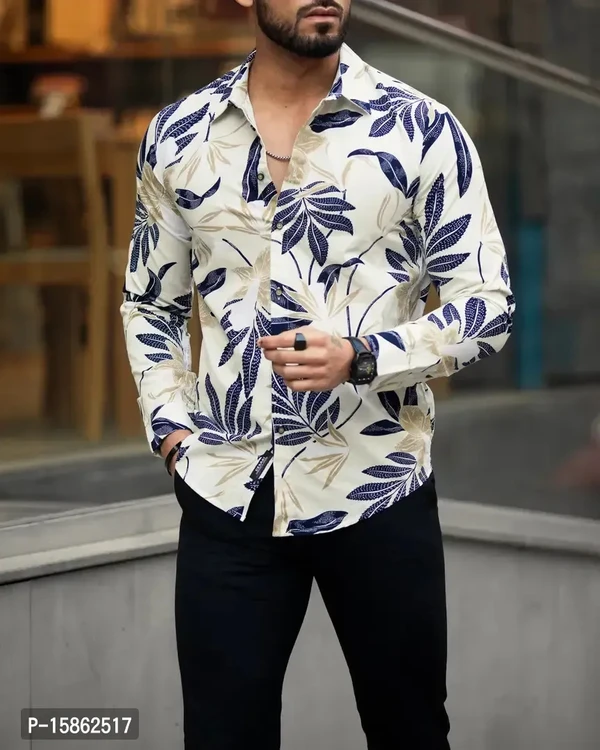 Stylish Lycra Floral Printed Long Sleeves Casual Shirt For Men - L