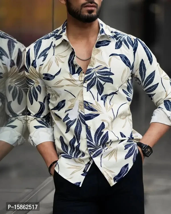 Stylish Lycra Floral Printed Long Sleeves Casual Shirt For Men - L