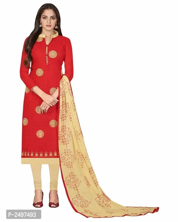 Red Semi Stitched Cotton Dress Material 