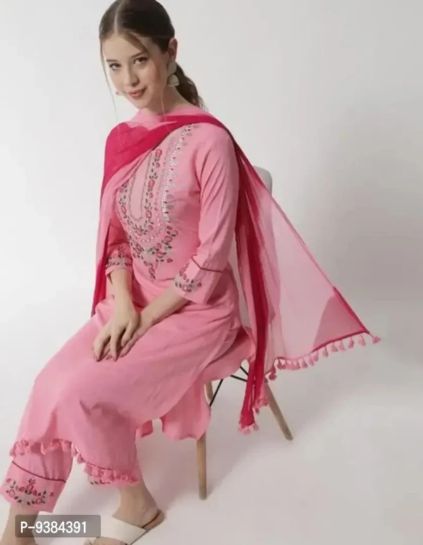 Beautiful Rayon Pink Kurta With Bottom And Dupatta Set  - L