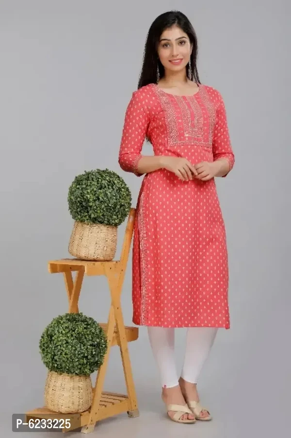 Women Rayon Work Straight Kurti  - Wild Watermelon, M