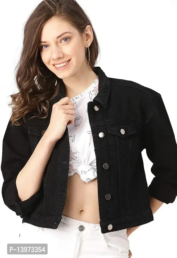 Stylish Black Denim Solid Button Jacket Women Ds  - M