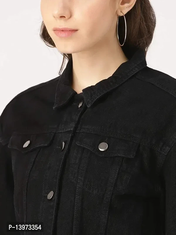 Stylish Black Denim Solid Button Jacket Women Ds  - M