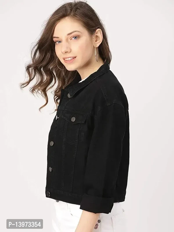 Stylish Black Denim Solid Button Jacket Women Ds  - L