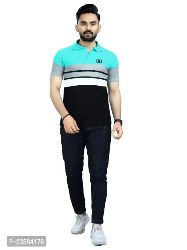 Men Colorblock Polo Neck Poly Cotton Sea Green Tshirts  - M